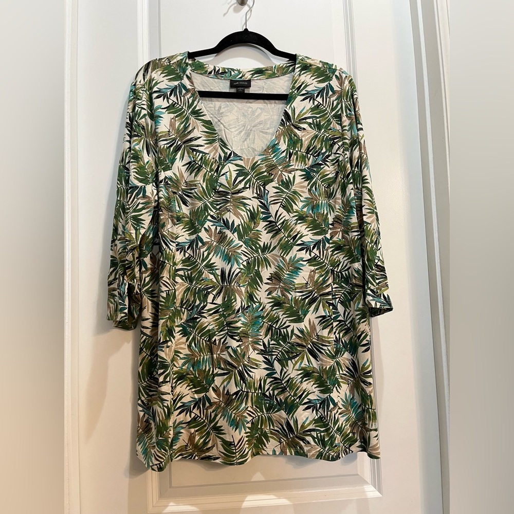 J Jill Wearever Collection Green Floral Scoop Neck 3/4 Sleeve Tunic XL Petite - Picture 3 of 7